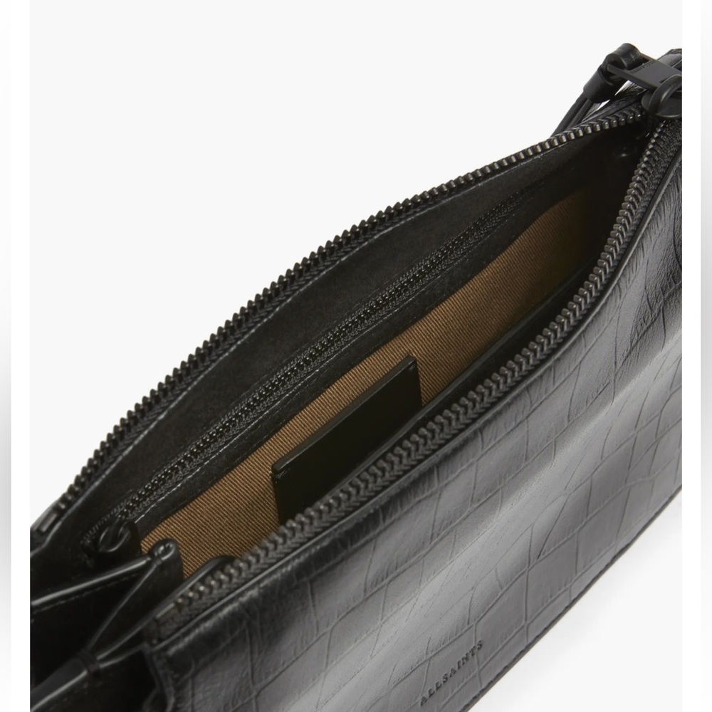 AllSaints Fletcher Leather Crossbody Bag Black Croc-Embossed Leather Crossbody - Picture 4 of 6